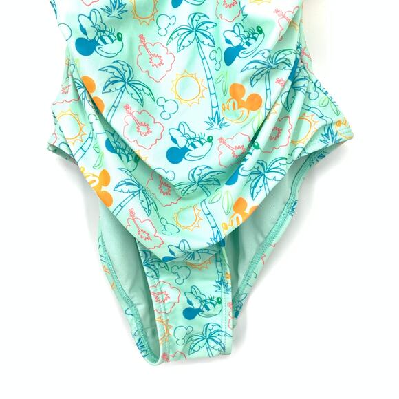 Disney Mickey & Minnie Twist Front One Piece Swimsuit Sz XS Tropical Print Mint - Picture 4 of 6